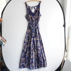 Anthropologie Boho Paisley Wide Leg Jumpsuit Women's Blue Floral Tie Neck